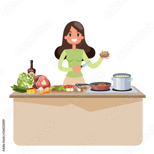 Beautiful woman cooking soup on the kitchen