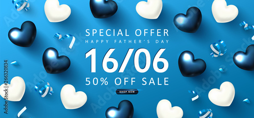 Happy Father's day Sale banner.Background with gift hearts and streamers.Vector illustration
