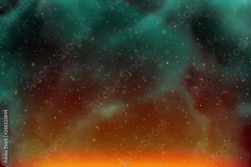 Abstract dynamic fantasy teal, sea-green space and stars colorful background with sparks and clouds