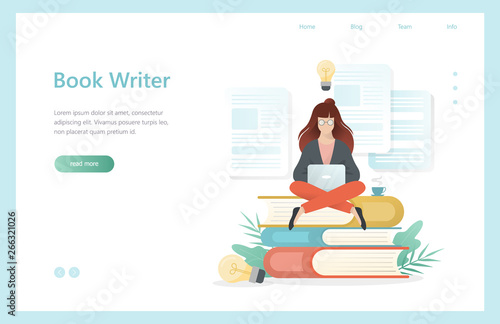 Book writer concept. Woman sitting with laptop