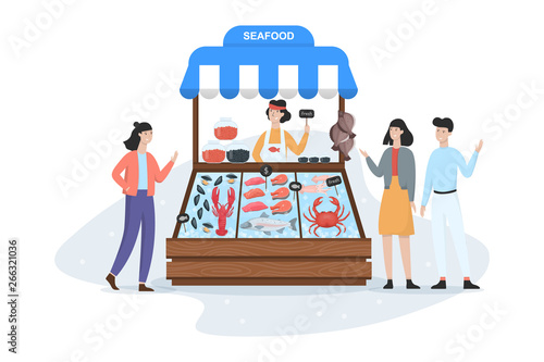 Fish market concept. Seafood in ice. Salmon and tuna