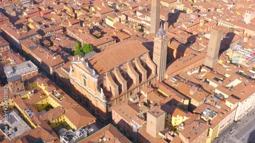 Bologna, Italy, Emilia-Romagna. Aerial circling view of the Bologna Cathedral (Italian: Cattedrale Metropolitana di San Pietro, Cattedrale di Bologna)