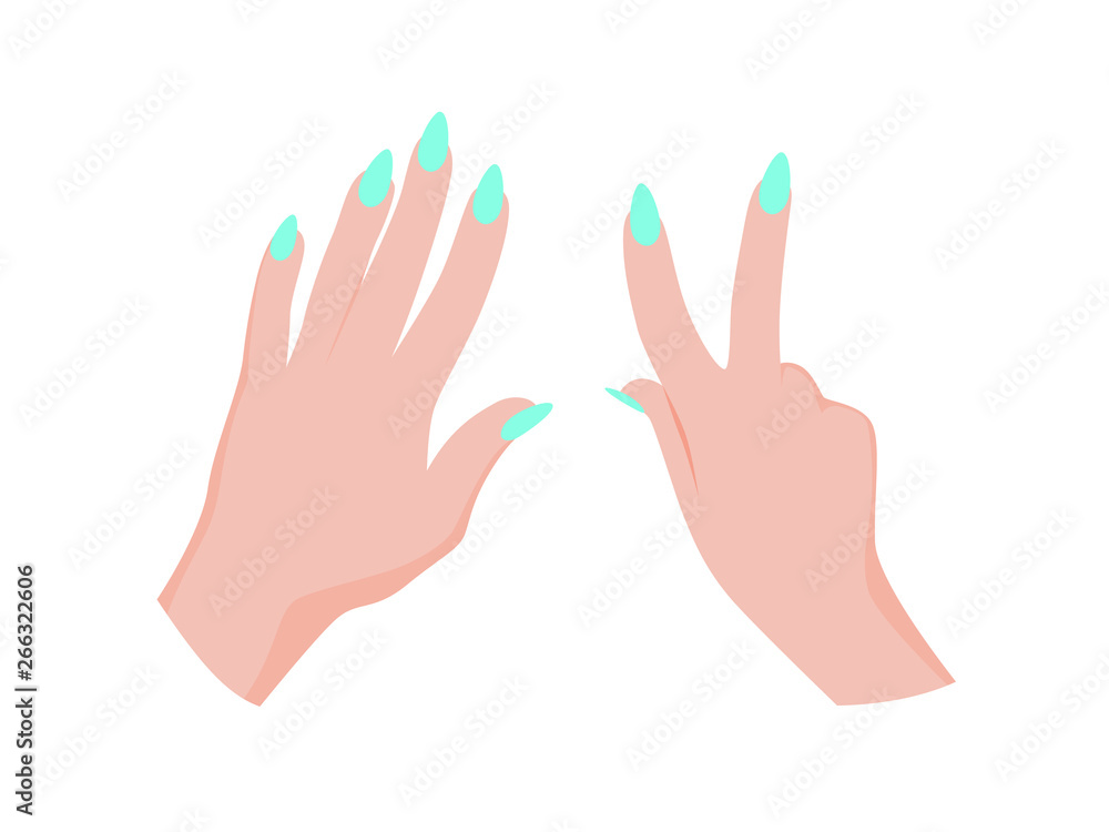 Hand with green nail polish. Making manicure. Female palms