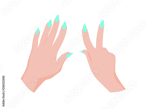 Hand with green nail polish. Making manicure. Female palms