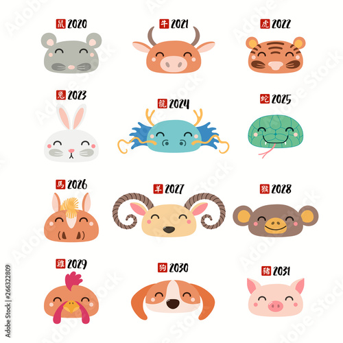 Set of Chinese zodiac signs animal faces with animal names characters.  Isolated objects on white background. Hand drawn vector illustration.  Design concept for holiday banner, decorative element. Stock Vector | Adobe  Stock