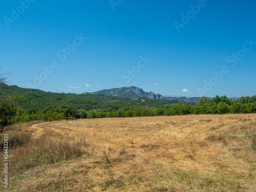 Beautiful landscape with fields, forests and mountains in Greece