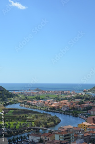 Aerial view of colorful houses in Bosa, Sardinia, Italy