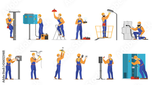 Electricity works set. Professional worker in the uniform