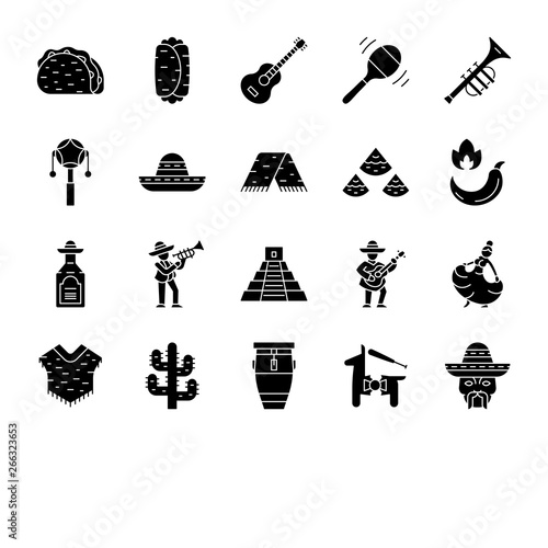 Mexican culture glyph icons set