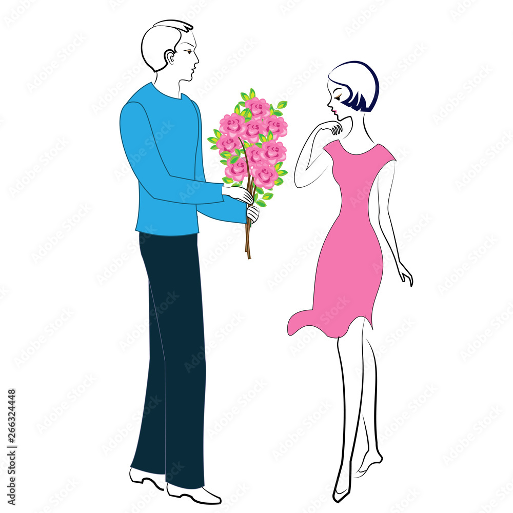 Romantic relationship of happy lovers. A young man and a girl on a date. The guy gives the lady a beautiful bouquet of flowers, scarlet roses. Vector illustration Romantic relationship of happy lovers. A young man and a girl on a date. The guy gives the lady a beautiful bouquet of flowers, scarlet roses. Vector illustration