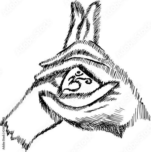 The picture of the hand folded in mudra. Ohm between the palms.