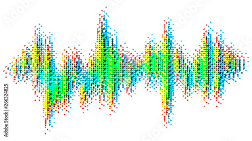 Multi colored halftone pattern from red, green, blue dots. Modern design rhythm of heart. Spectrum of sound wave, audio waveform. Abstract dotted ornament isolated on white background