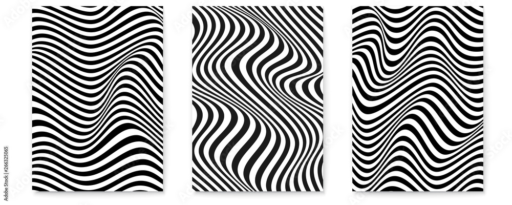 Set of layouts with wavy lines. Twisted duotone backgrounds. Abstract pattern from lines, halftone effect. Black and white texture. Minimalistic design template for poster, banner, cover, postcard Set of layouts with wavy lines. Twisted duotone backgrounds. Abstract pattern from lines, halftone effect. Black and white texture. Minimalistic design template for poster, banner, cover, postcard