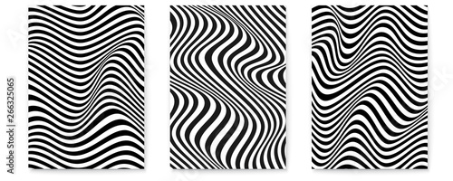 Set of layouts with wavy lines. Twisted duotone backgrounds. Abstract pattern from lines, halftone effect. Black and white texture. Minimalistic design template for poster, banner, cover, postcard photo