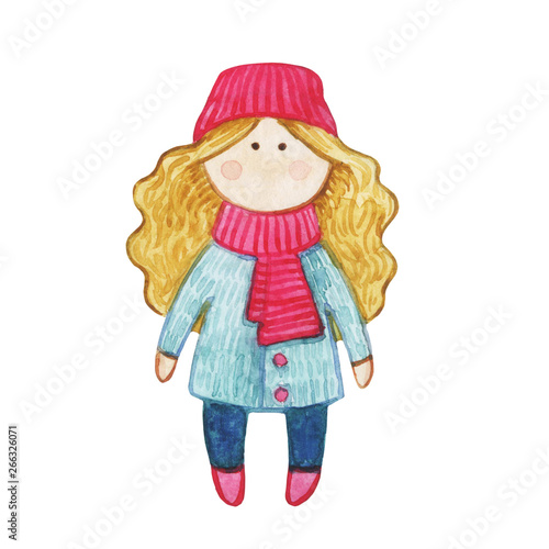 Original watercolor doll. Picture with cartoon girls. Nice illustration for for book, stickers,logo, business card or postcard.