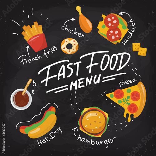Vector chalkboard food poster with fast food elements 