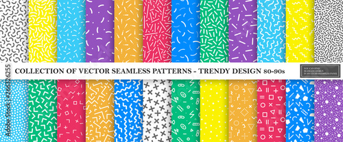 Colorful vibrant vector collection of memphis seamless patterns. Fashion design 80-90s. Bright stylish textures.