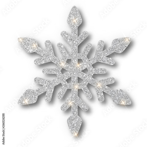 Silver snowflake, Christmas decoration, covered bright glitter. Silver glitter texture snowflake isolated. Xmas ornament silver snow with bright sparkle