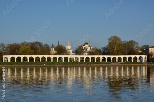 Veliky Novgorod Yaroslav's Court. Beautiful view with reflection in the river