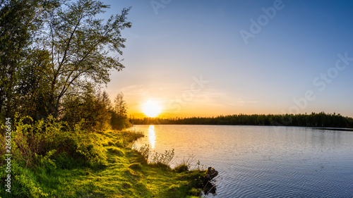 Lake with trees at sunset on a beautiful summer evening