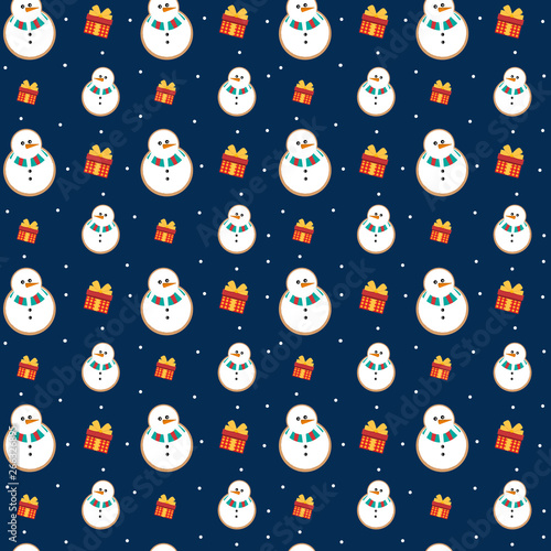 Beautiful bright seamless pattern. Vector little snowman with gifts and falling snow.