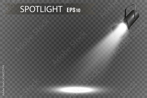  Light sources, concert lighting, spotlights. Concert spotlight with beam, illuminated spotlights for web design illustration.