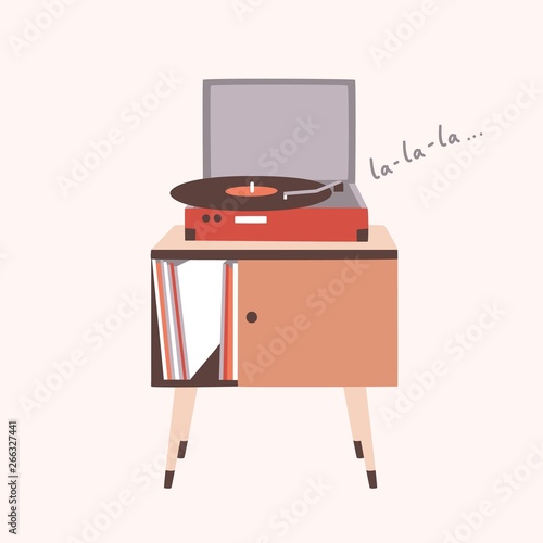 Analog music player or turntable playing song or vinyl record isolated on light background. Home furnishing or old-fashioned audio device. Colorful decorative vector illustration in modern flat style.