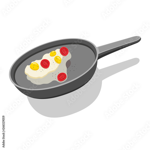 Vector flat illustration, eggs with tomatoes fried in a pan on an isolated white background. Healthy breakfast.