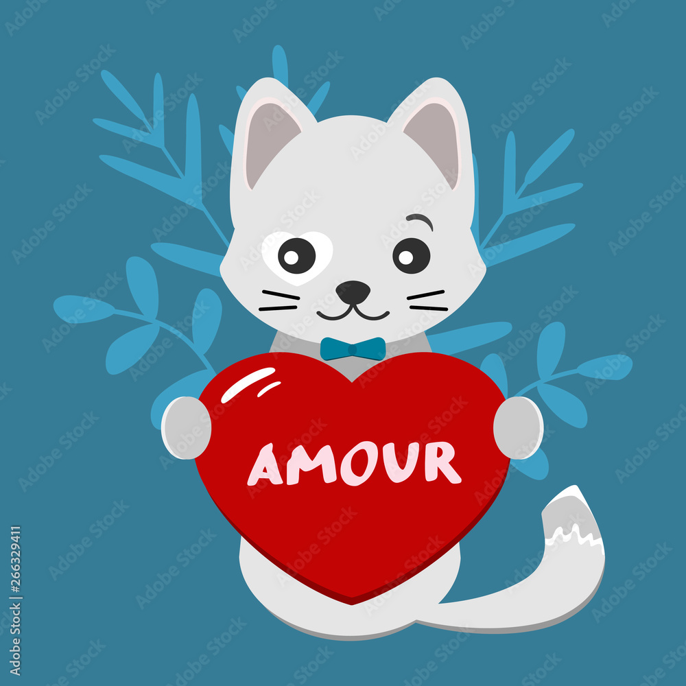 Valentines day card with cute, gray cat and red heart on blue background. Vector illustration for greeting card or poster. Text 