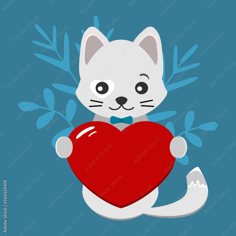 Valentines day card with cute, gray cat and red heart on blue background. Vector illustration for greeting card or poster.