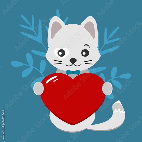 Valentines day card with cute, gray cat and red heart on blue background. Vector illustration for greeting card or poster.