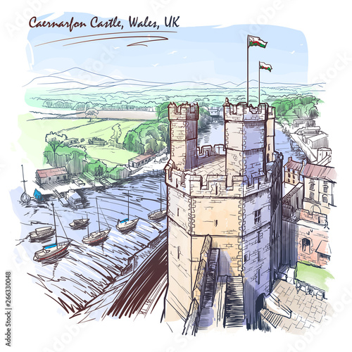 Caernarfon Castle, North Wales, UK, with a magnificent panorama of Snowdonia behind. Painted sketch. Vintage design. Travel sketchbook drawing. EPS10 vector illustration.