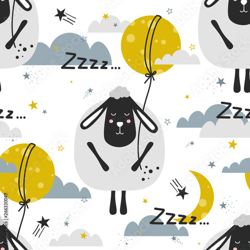 Sleeping sheeps, hand drawn backdrop. Colorful seamless pattern with animals, moon, stars. Decorative cute wallpaper, good for printing. Overlapping colored background vector. Design illustration