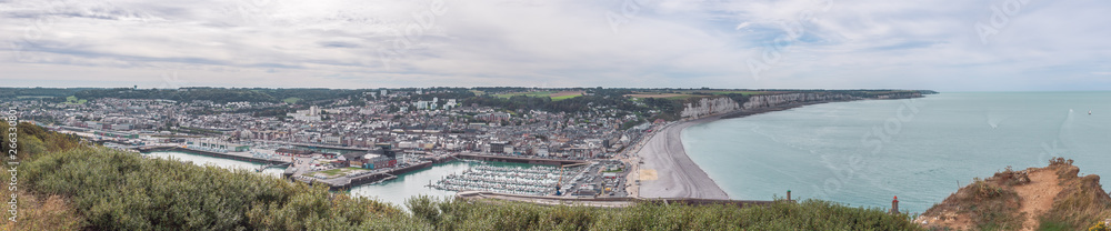Panorama of Fecamp with its beach and cliffs