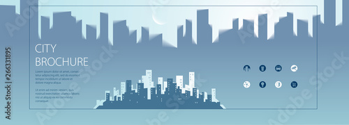 Wide panorama simple city traveling tourist guide book. Brochure, flyer, cover, poster or guidebook template. Vector modern illustration.