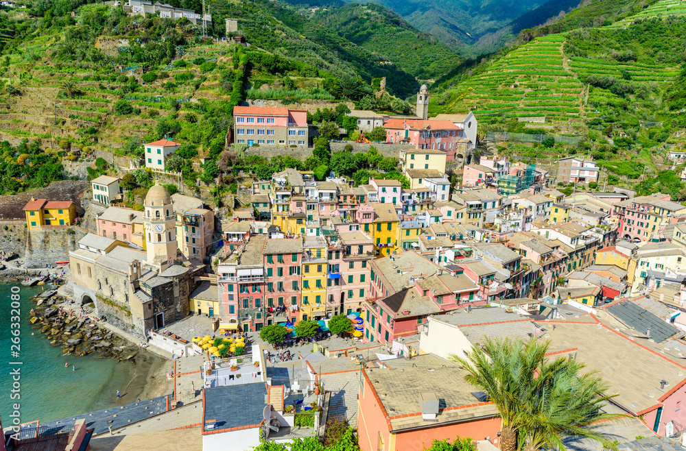 Vernazza Village at Cinque Terre National Park - View from castle to beautiful coast and village of Luguria, Italy
