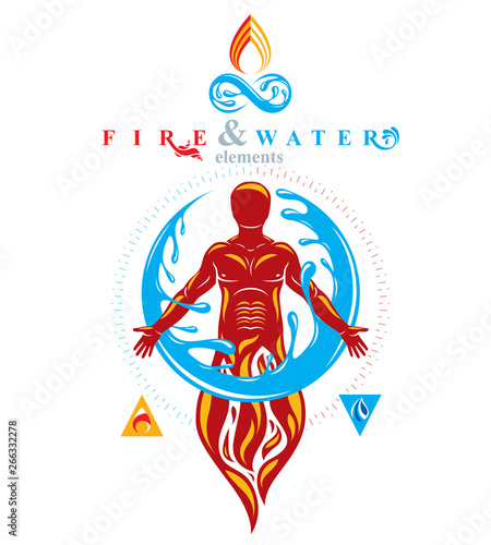 Vector illustration of human being standing, mythic ancient god. Prometheus surrounded by a water ball, water and fire diversity and harmony.