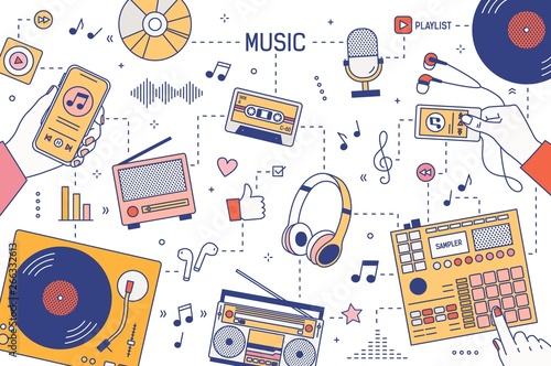 Web banner template with hands and devices for music playing and listening - player, boombox, radio, microphone, earphones, turntable, smartphone, vinyl records. Vector illustration in linear style.