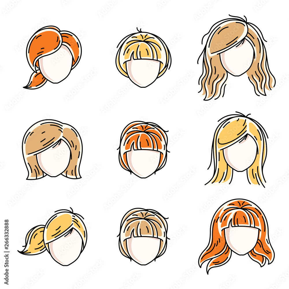 Collection of women faces, human heads. Diverse vector characters like red-haired and blonde females, beautiful ladies visage clipart and user profile.