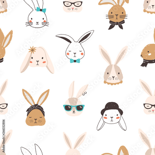Childish seamless pattern with funny bunny faces on white background