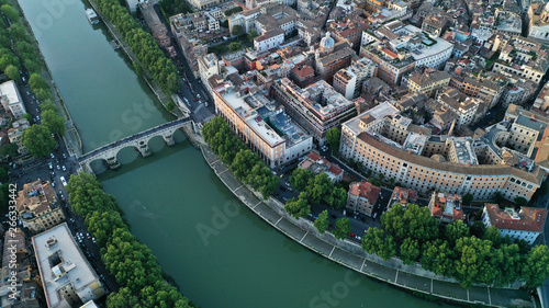 Photography Aerial view of the Tiber River and center of Rome, Italy