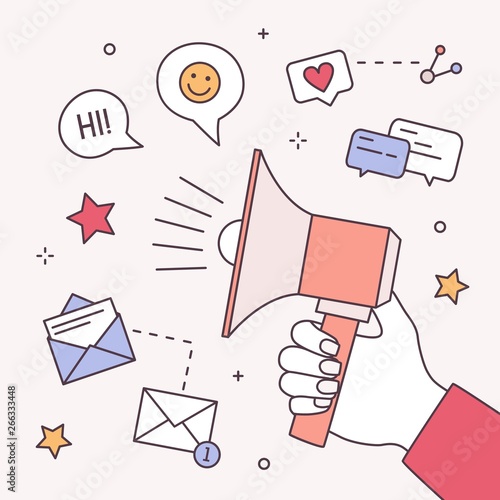 Square composition with hand holding megaphone or bullhorn, internet symbols. SMM, online content management, promotion and advertisement on social network. Modern vector illustration in linear style. photo