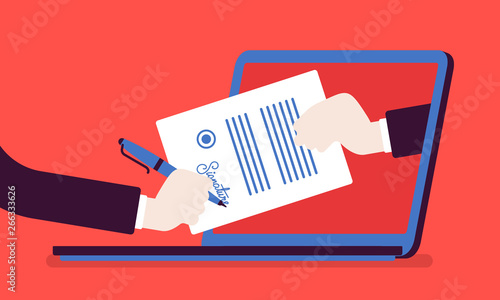 Electronic signature on laptop. Business Esignature technology, digital form attached to electronically transmitted document, verification of intent to sign agreement, legal deal. Vector illustration