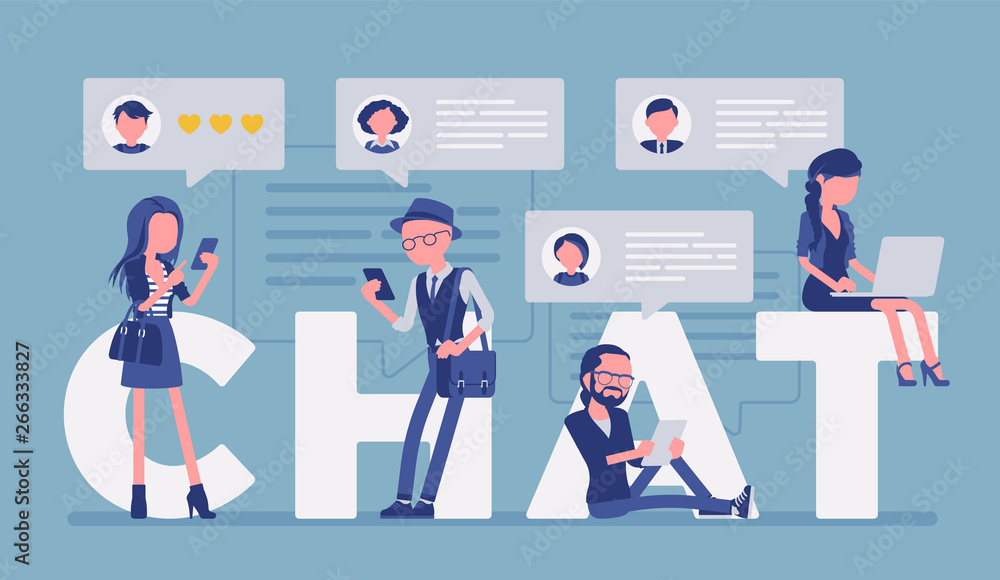 Chat letters and friends communication with smartphone and laptop. Group of people take part in discussion, exchange message online, sending photo on internet. Vector illustration, faceless characters