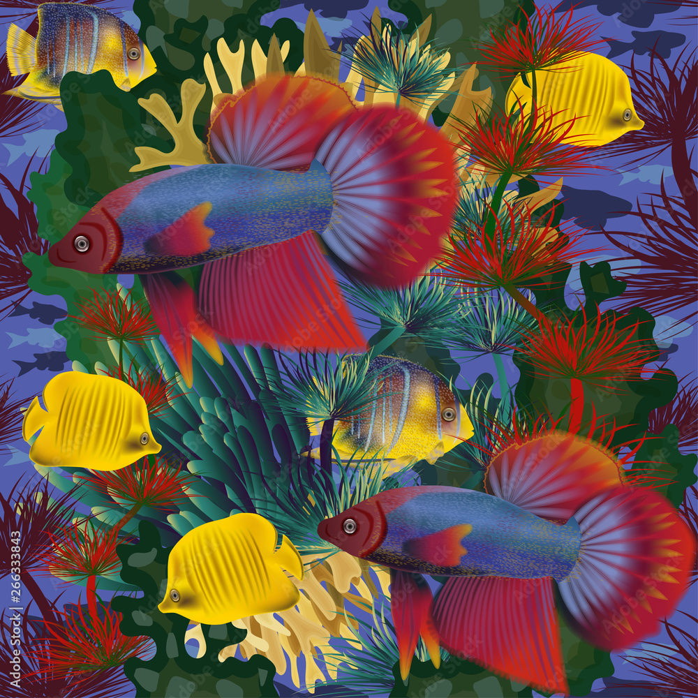 Naklejka premium Seamless underwater background with tropical fish, vector illustration