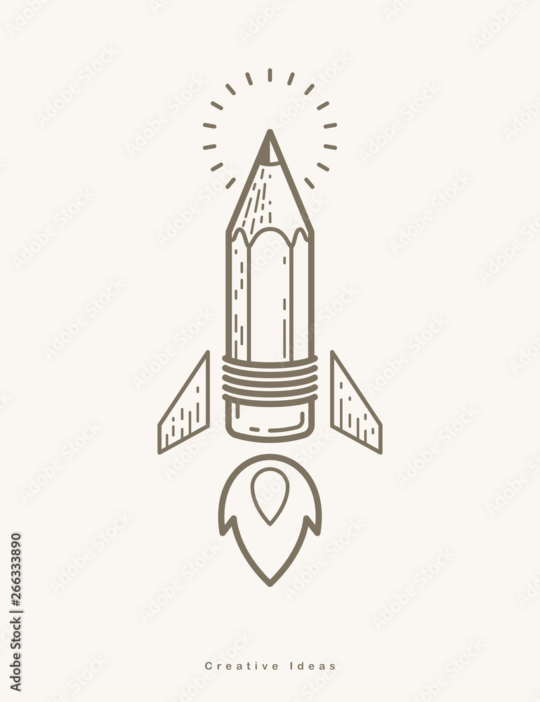 Pencil launching like a rocket start up, creative energy genius artist or designer, vector design and creativity logo or icon, art startup. Pencil launching like a rocket start up, creative energy genius artist or designer, vector design and creativity logo or icon, art startup.