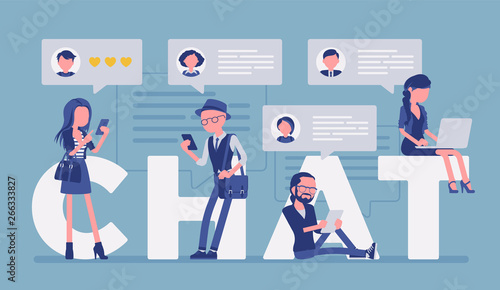 Chat letters and friends communication with smartphone and laptop. Group of people take part in discussion, exchange message online, sending photo on internet. Vector illustration, faceless characters