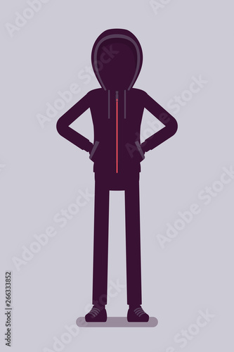 Anonymous silhouette with hidden face. Hacker dark abstract body, covered with hood, online person not identified by name, unknown faceless user, incognito with evil intentions. Vector illustration