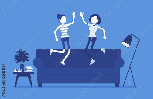Roommate friends enjoy living together. Happy young girls occupying same flat, house or room, students share rented apartment, jumping on a coach in hostel. Vector illustration, faceless characters