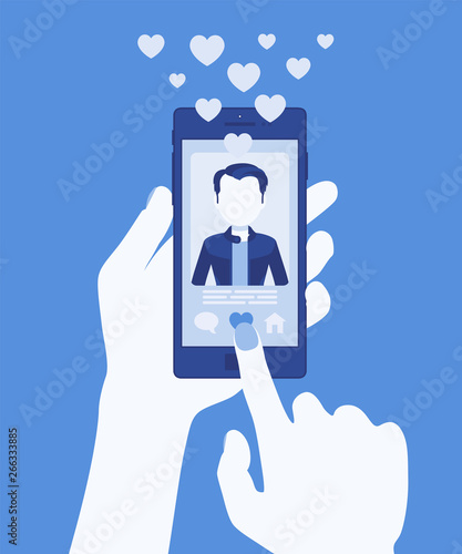 Dating mobile application with male profile on smartphone screen. Online app for singles to find match, social network service to connect, hand holding phone. Vector illustration, faceless character